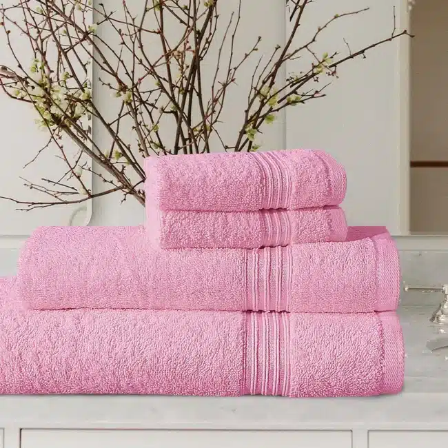 4-Pcs Stripe Towel Set in Baby Pink by Fatima Home Store - Soft and Absorbent Cotton Towels