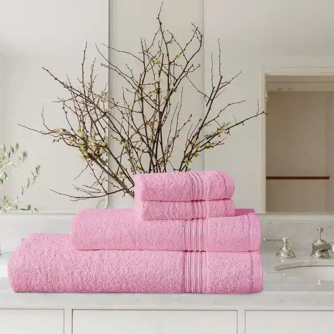 4-Pcs Stripe Towel Set in Baby Pink by Fatima Home Store - Soft and Absorbent Cotton Towels